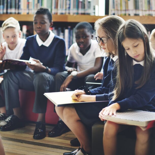 School children in the library